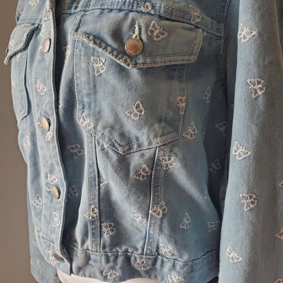Women's Cropped Denim Jacket Plus Size Jean Jacket Embroidered Butterflies XL - Picture 3 of 10
